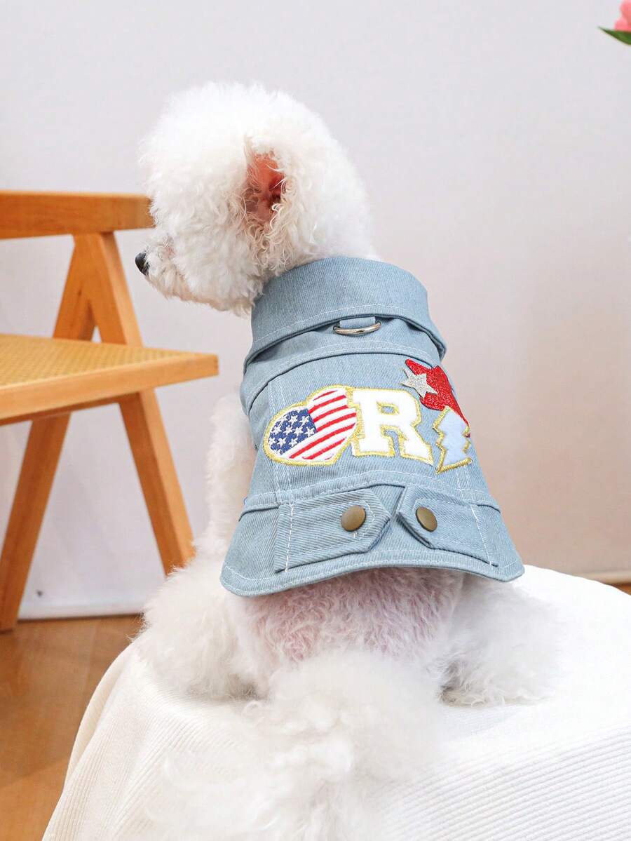 PETCIRCLE 1pc Pet Clothes Dog Jacket Spring/Summer New Breathable Non-Stuffy Small Dog Coat, Embroidered Star Pattern Dog Jacket - Blue - View 1