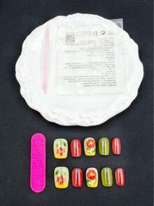 纯手工美甲贴片，10片装，红色，短梯形，美妆，香氛风格，法式美甲，按压式美甲，新年美甲，情人节美甲，UV灯美甲，夏季美甲，日常美甲，优雅大方设计，高端法式风格，凝胶抛光，闪光，猫眼效果，金属光泽，全覆盖假指甲贴片 - 紅色 - 查看 8