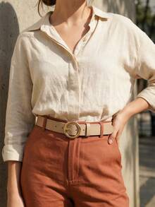 Women's Belt Set With Gold Metal Polka Dots, Synthetic Leather, Minimalist, Fashion Blogger Style, Unisex, Daily Use, Simple, Casual, 2024, Popular, Beautiful, Seasonal, Black, White, Brown, Caramel, Pink, Current Size, Stitched, Occasional, Versatile, Decorative, Vintage, 247 - 黑色/米色 - 查看 4