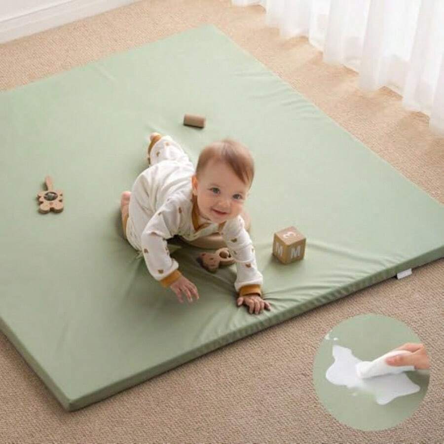 Blissful Diary Alfombra de juego de bebé de cuero vegano 119 4 x 119 4 cm alfombra de parque grueso acolchado e impermeable para bebés y niños pequeños elegante y fácil de limpiar para juegos de - Verde claro - Ver 1
