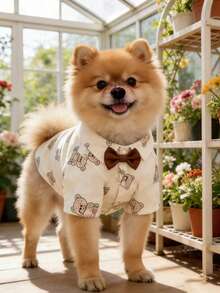 1pc Pet Dog Clothes With Cute Bear Print Pattern, Stylish Bow Tie Shirt, Suitable For Small Dogs, Wearable All Seasons - Beige - View 6