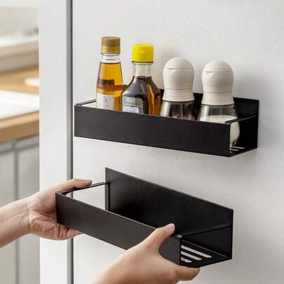 1/2 件装磁性侧架，适用于冰箱和洗衣机 - 无需钻孔安装，时尚黑色金属饰面，壁挂式调料架，非常适合存放洗衣用品