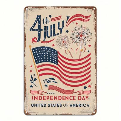 Vintage 4th Of July Independence Day Wall Decor - Patriotic American Flag Metal Sign With Fireworks Stars, Red-White-Blue Decoration - Heavy-Duty Aluminum Plaque For Home, Office, Garage - Pre-Drilled For Easy Hanging - Perfect 4th Of July Gift Idea, Rustic Design, Durable Decor, Distressed Look