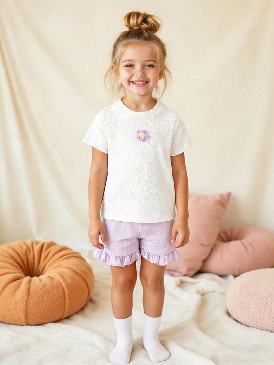 2pcs/Set Young Girl Sweet Floral Embroidery Short Sleeve T-Shirt And Ruffle Trim Shorts Set, Summer - Mauve Purple - View 1
