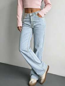 Simple And Casual Basic Women's Denim Straight-Through Trousers, Loose Four-Season Wild Jeans, Boy Friend Style High Waist Light Blue Jeans - Rửa nhẹ - Xem 1