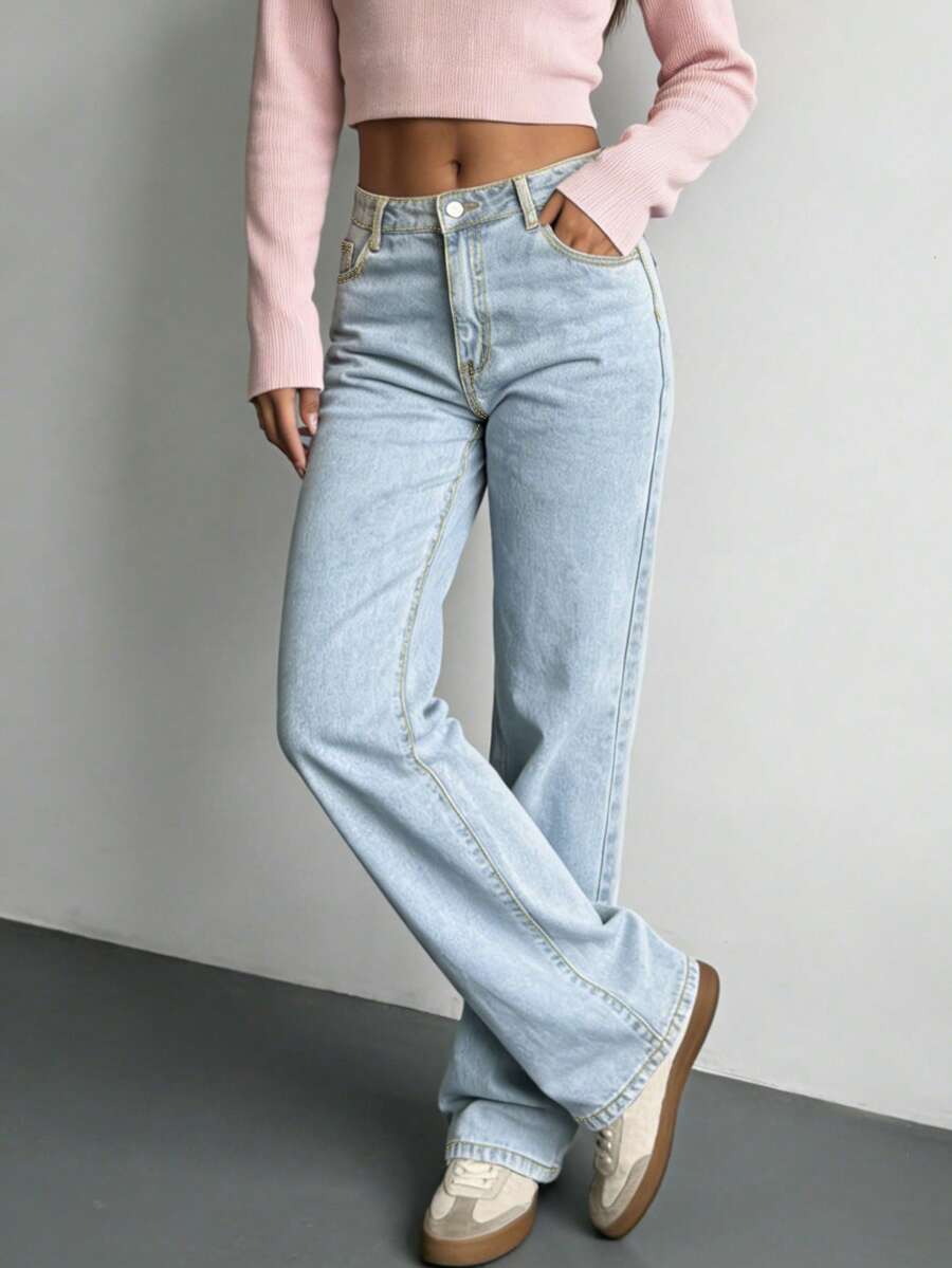 Simple And Casual Basic Women's Denim Straight-Through Trousers, Loose Four-Season Wild Jeans, Boy Friend Style High Waist Light Blue Jeans - Rửa nhẹ - Xem 1
