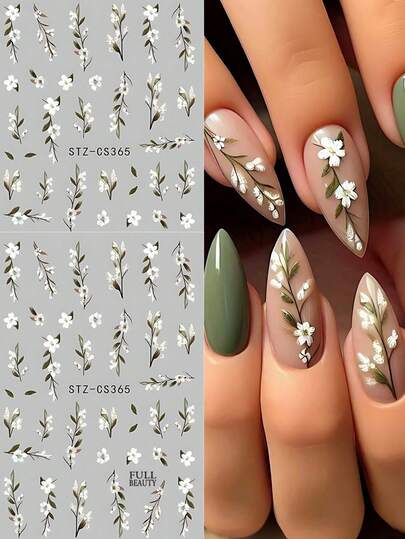 FULL BEAUTY 2pcs Mini Jasmine Spring Flower Nail Art Stickers, White 5-Petal Floral Leaves, Elegant Peach Blossom, Summer Floral Nail DIY Decor For Women & Girls