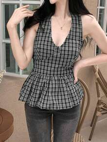 Áo ba lỗ không tay cổ buộc họa tiết kẻ caro cổ điển dành cho nữ, đa năng - Đen và trắng - Xem 1