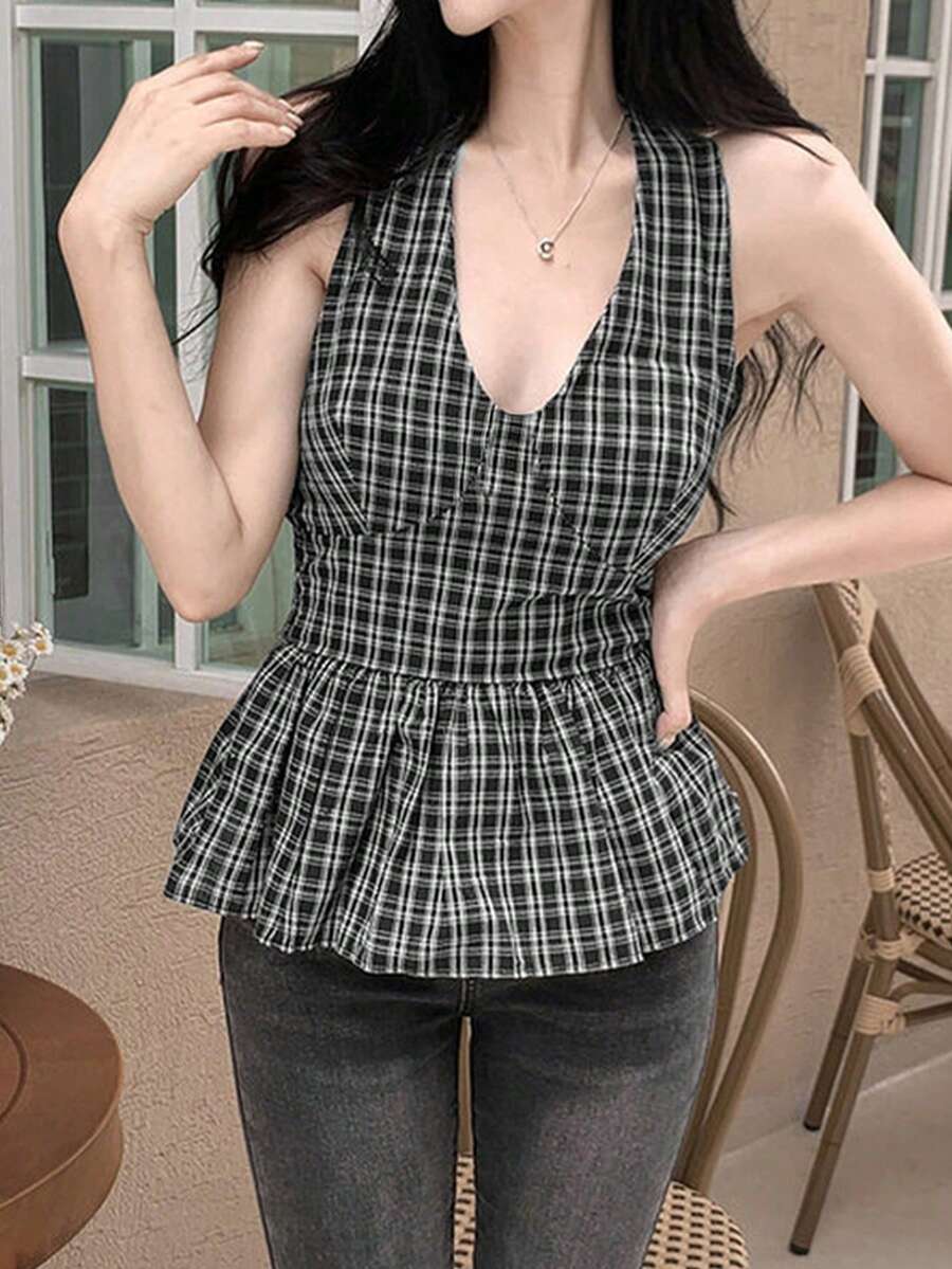 Áo ba lỗ không tay cổ buộc họa tiết kẻ caro cổ điển dành cho nữ, đa năng - Đen và trắng - Xem 1