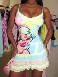 Women's Colorblock Spaghetti Strap Mini Dress With Cartoon Girl & Number 71 Graphic - Y2K Kawaii Style With Polka Dots & Ruffle Hem - màu xanh lá - Xem 2