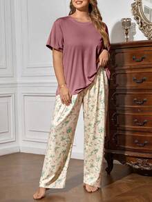 Conjunto de Pijama Casual de 2 Peças com Top de Manga Curta Floral Miúda e Calça Longa para Mulheres Plus Size, Leve e Confortável para Primavera/Verão - Multicolorido - Visão 2