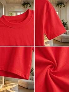 Blusa de mujer de corte holgado, cuello redondo, manga corta, casual, adecuada para primavera y verano, con estilo minimalista, elegante y sexy Y2K, apta para uso diario, oficina, hogar y exteriores - Rojo - Ver 8