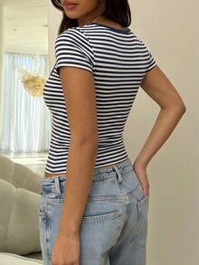 2026 Spring/Summer Striped Casual Versatile Elegant Square Neck Contrast Color Raglan Sleeve T-Shirt, Suitable For Office, Party, Travel And Multiple Occasions - Blue - View 7