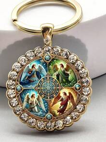 1pc 4-Piece Angel Round Keychain - Gabriel, Michael, Raphael, Uriel | Fashionable Bag And Car Key Decor, Gift For Valentine's Day, Thanksgiving, Christmas, Anniversary, And Angel Enthusiasts - Gold - View 2