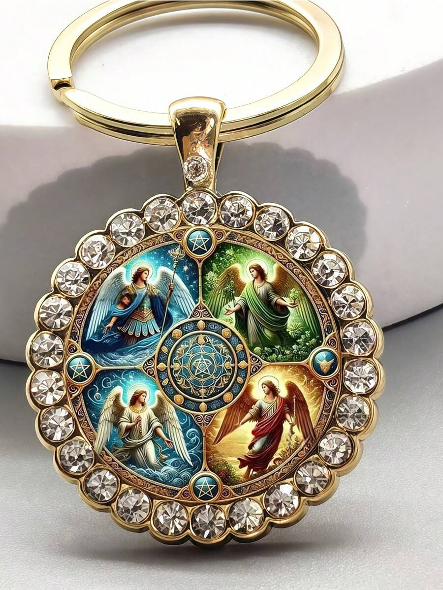 1pc 4-Piece Angel Round Keychain - Gabriel, Michael, Raphael, Uriel | Fashionable Bag And Car Key Decor, Gift For Valentine's Day, Thanksgiving, Christmas, Anniversary, And Angel Enthusiasts