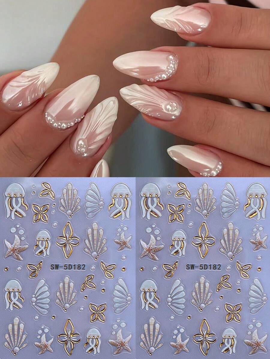 2片装5D立体海洋系列自粘美甲贴纸，优雅海洋美甲设计，包含水母、海星、贝壳、花卉和金色点缀，适合海滩度假夏季美甲装饰。 - 彩色 - 查看 1