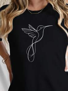 Camiseta suave para mujer con diseño de líneas de pájaros, ajuste cómodo, cuello redondo, manga corta, color negro, ropa casual, lavable a máquina. |   Arte Minimalista de Aves |   Camisa de ajuste cómodo - Negro - Ver 1