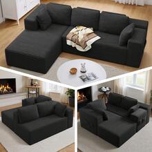 Asofer L-Shaped Modular Corner Sofa, Assembly-Free Corduroy Sofa, 3-Seater, Flexibly Combinable With Cushions And Side Pockets For Living Room/Bedroom, 250*136*40cm - 黑色 - 查看 9