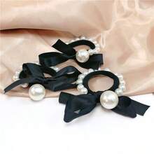 2pcs Faux Pearl Bow Hair Scrunchies Ponytail Holders Hair Elastics Hair Rubber Bands Hair Rope Elastic Hair Tie,Summer,Holiday,Travel - Black and White - View 3