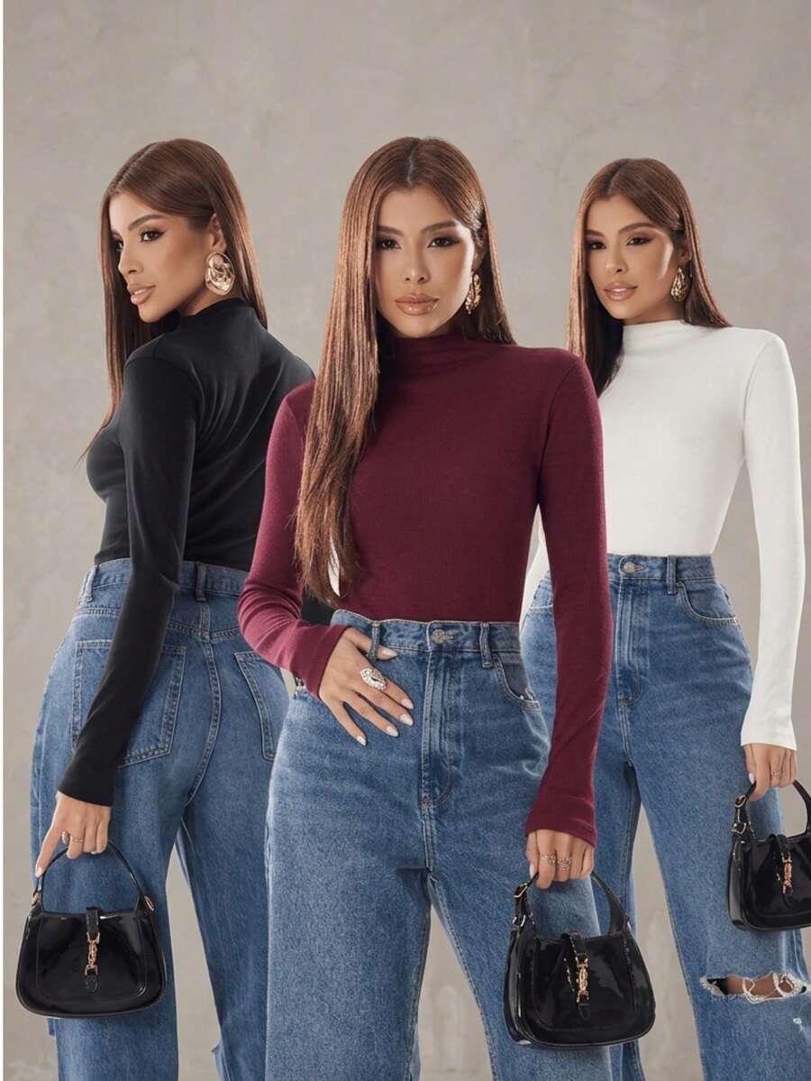 Kit 3 Blusas Manga Longa Gola Alta Feminina Camiseta Segunda Pele Cacharrel Básica Casual Ribana - PRETO + OFF + VINHO - Visão 1