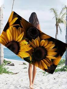 [250gsm Ultra-Soft Quick-Dry] 70*140cm/90*180cm Sunflower Floral Print Beach Towel, High Absorbency Portable Swimming Towel, Bathroom Decor, Suitable For Summer Beach, Swimming, Travel, Camping, Fitness - Sunflower - View 7