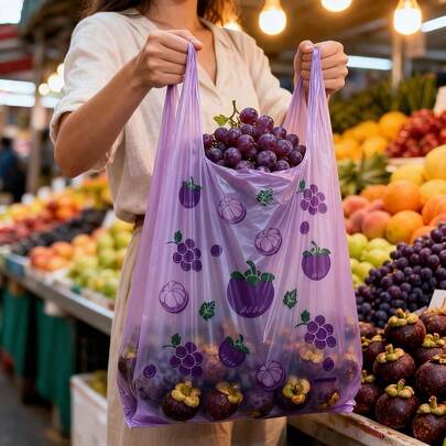 约100个紫色葡萄藤图案背心袋、小配件袋、礼品袋、服装店购物袋、卡通包装购物袋和产品袋