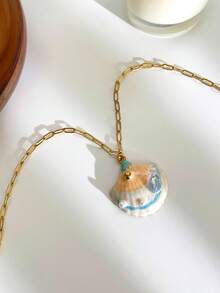 1件海洋风不对称蓝色贝壳和椭圆形珍珠镶嵌不锈钢鱼尾18K镀金项链，防水时尚百搭，女士适用 - 海洋項鍊 - 查看 13