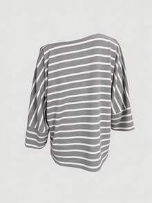 Camiseta casual holgada de mujer con cuello asimétrico, mangas tipo murciélago y rayas, para verano y primavera - Gris - Ver 4