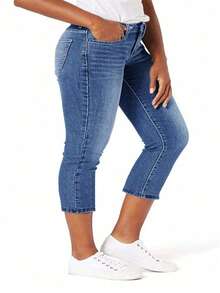 大码女式弹力紧身牛仔裤，七分牛仔短裤，成熟优雅风格，适合夏季休闲春季穿着 - 中等水洗藍 - 查看 3