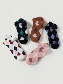 5/10 双装 女士菱形图案复古时尚舒适透气短袜 - 彩色 - 查看 2