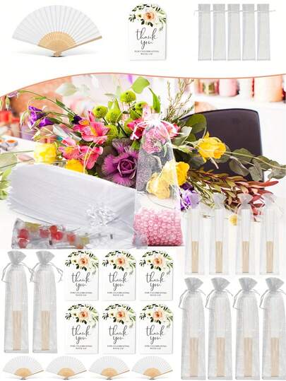 15pcs Elegant White Folding Handheld Fan Set, Bohemian Style, Comes With A Silk Bag And Thank-You Label - Perfect For Weddings, Bridal Parties And Party Favors, Easy To Carry, And Ideal For Event Giveaways And Decorations, Wedding Decor.
