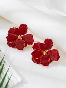 1 Pair Fashion Personalized Oil Drop Flower Earrings, Suitable For Women's Daily Wear, Vacation, Outfits - Red - View 2