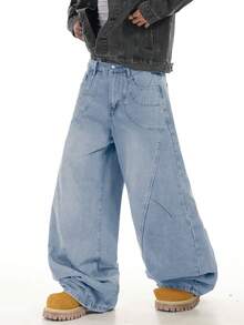 1pc Justice Brother Casual Patchwork Baggy Jeans, Retro Distressed Loose Barrel Leg Pants, Street Fashion For Men (Excluding Belt/Accessories) - Blue - View 8