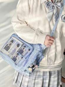 1件日系軟妹清新百搭女款單肩包，高品質尼龍材質星星印花，多口袋大容量動漫斜挎包，JK漫畫展DIY透明裝飾包，雙側口袋透明層日常休閒大容量托特包，學生書包輕量托特包，可愛甜美風女包尼龍材質防潑水布料 Ita Bag 展示動漫周邊參加漫畫展購物派對旅行 - 藍色 - 查看 7