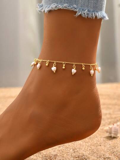 1件浪漫巴洛克风格仿珍珠心形吊坠脚链，甜美设计，适合女士夏季海滩度假配饰（手工制作，珠子数量可能有所不同）