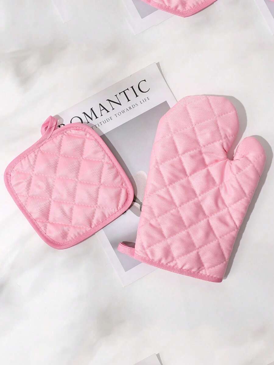 2 piezas Conjunto de Guantes de Horno y Agarradores de Ollas de Tela de Poliéster Sólido Rosa, Guante de Microondas y Protector de Mesa, Guantes de Cocción, Resistentes al Calor para Cocina Doméstica - Multicolor - Ver 1