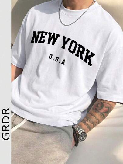  Camiseta de manga corta con cuello redondo y estampado gráfico de Nueva York, cómoda y de moda para hombres GRDR