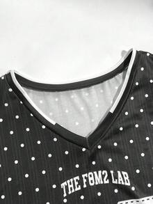 Áo thun nữ phong cách retro INS họa tiết chấm bi đen trắng, in số, kiểu dáng thường ngày, đa năng, thích hợp mặc mùa hè. - màu đen - Xem 4