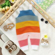 1pc Baby Girl Rainbow Striped Patchwork Knit Sleeveless Romper, Soft & Comfortable All-In-One Jumpsuit For Baby Girls - White - View 7