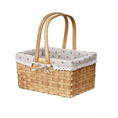 Portable Handmade Fir Picnic Basket with Folding Handle Rattan Picnic Basket Without Lid Outdoor Storage 28x18.5x17cm 28 * 18.5 * 17cm (Beige 33 * 24 * 18.5cm)