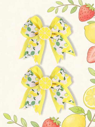 2pcs Lemon Bow Hair Clips For Girls,Cute Lemon Print Hair Clips ,Lemon Hair Barrettes, Kawaii Aesthetic,Polyester Grosgrain Hairpin For Teens Girls Hair Accessories