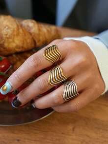 3pcs/1pc Line-Cut Geometric Stainless Steel Open Ring, Ladies Clothing, Suitable For Women's Daily Wear, Party And Dating Occasions - Multicolor - View 6