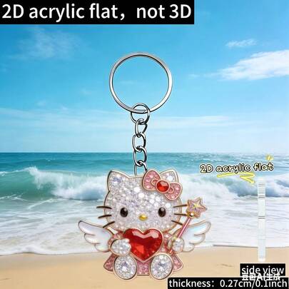 SANRIO [2D Plano] 1 pieza, Nuevo acrílico, Lindo llavero con colgante de corazón rojo, Anillo de llave, Regalo festivo, Colgante decorativo de llave, Llavero de coche, Llavero de mochila y billetera, 2D Plano