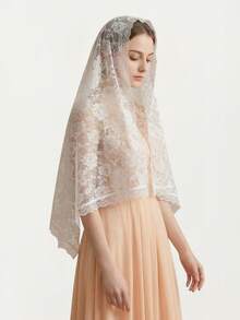 1pc Women's Vintage Rose Lace Hollow Out Shawl, Versatile Fashion Semi-Circle Lace Edge Shawl, Women's Single Party Church Bridal Veil Headpiece - Multicolor - View 5