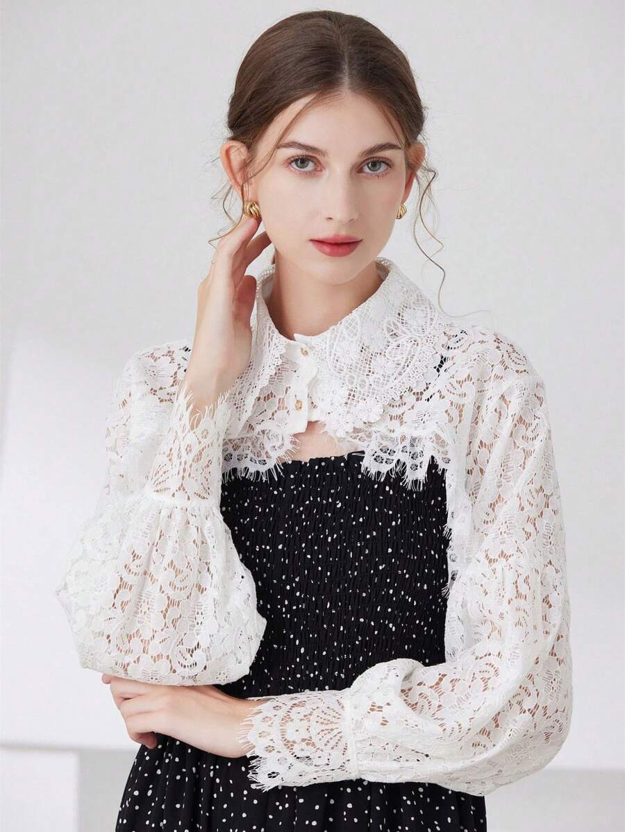 蕾丝领睫毛花卉饰边长袖女士高端防晒外套，短款搭配吊带背心，适合夏季、节日、旅行