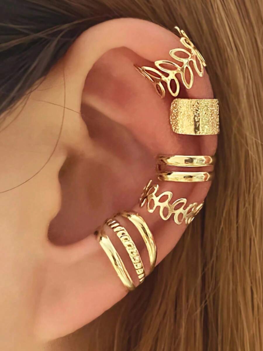 5 Peças Conjunto de Brincos Ear Cuff de Liga de Aço Inoxidável, Brincos de Cartilagem Falsa, Clipes de Orelha Ajustáveis Sem Piercing, Adequados para Férias, Uso Diário, Festa, Presente - Dourado - Visão 1
