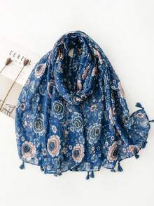 1条女士藏蓝色休闲热带花卉印花轻薄围巾，春夏款 - 彩色 - 查看 6