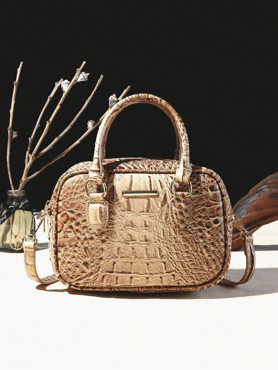 WOLFDIARY Crocodile Pattern Handbag, Elegant Cross-Body Bag, Multi-Compartmer Zipper Women's Bag Suitable For Daily Use - Khaki - View 1