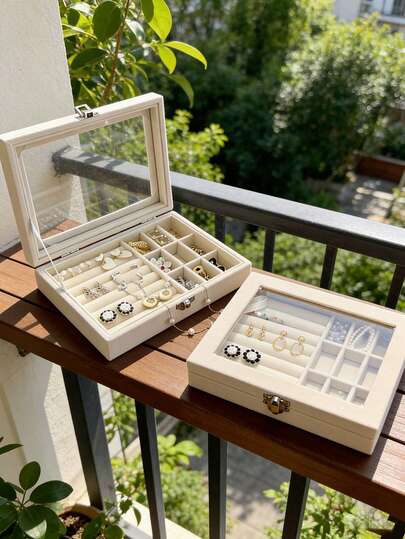 1pc Transparent Window Velvet Jewelry Box, Multi-Compartment Earring Ring Necklace Storage Box, Dust-Proof Anti-Oxidation Jewelry Case