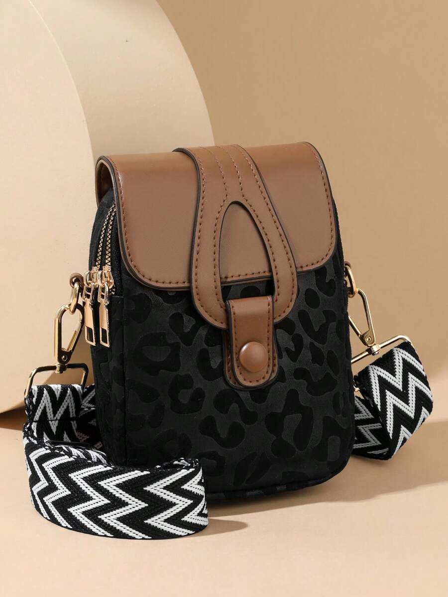 New Retro Contrast Color Crossbody Phone Bag, PU Material Versatile Daily Use, Embossed Design Suitable For Shopping, Commuting, Short-Distance Travel Women Handbag - Black - View 1